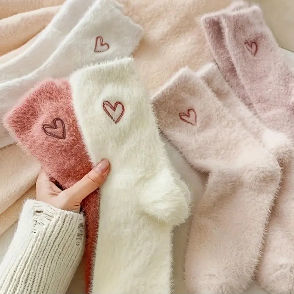 Cozy Heart Embroidered Fuzzy Socks - 5 Pack